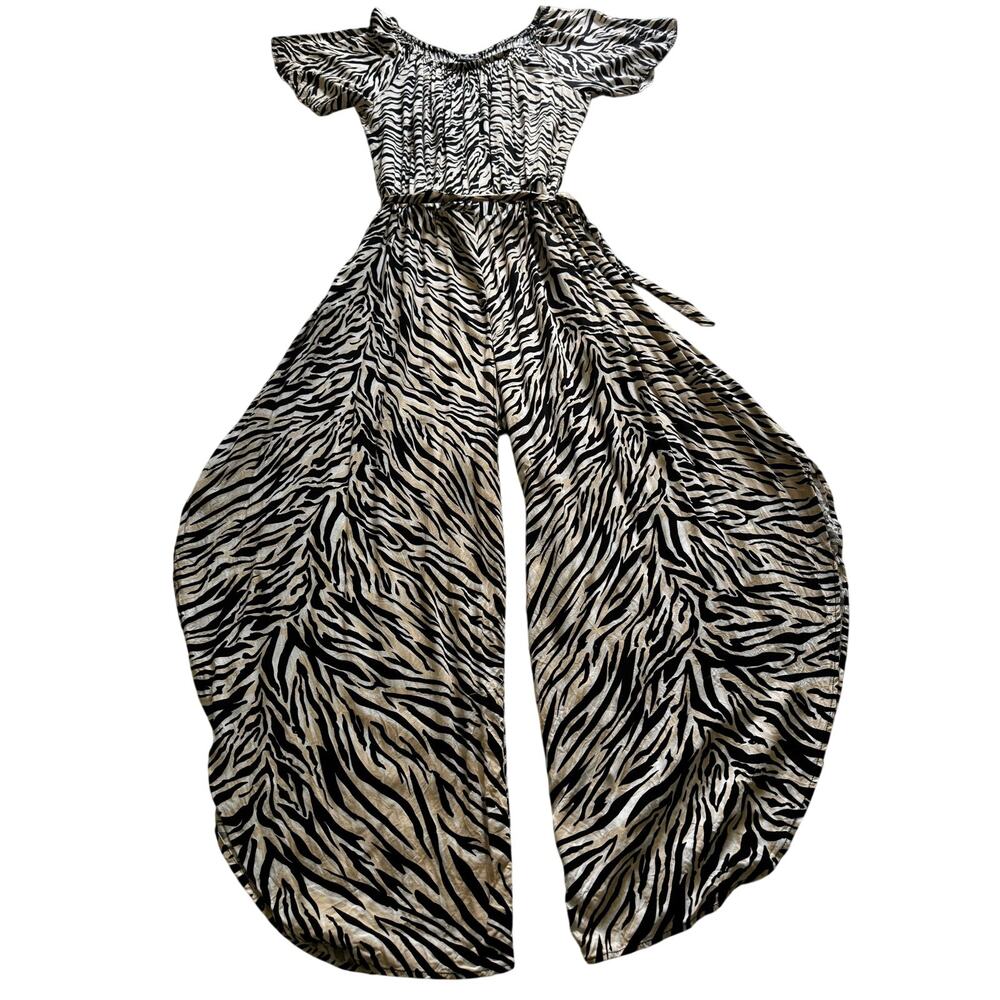 Flowing Wide Leg Palazzo Zebra Print Jumpsuit Off-the-Shoulder Ruffled Sleeve